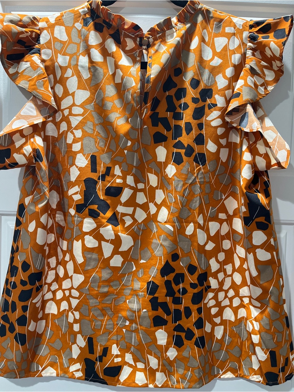 THML Rust Orange Abstract Ruffle-Neck Blouse - Picture 3 of 4